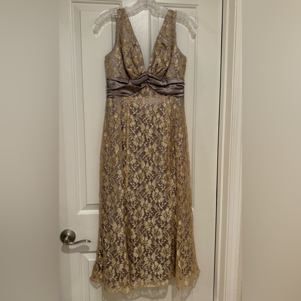 Gorgeous David's Bridal Metallic Gold Lace Overlay Dress